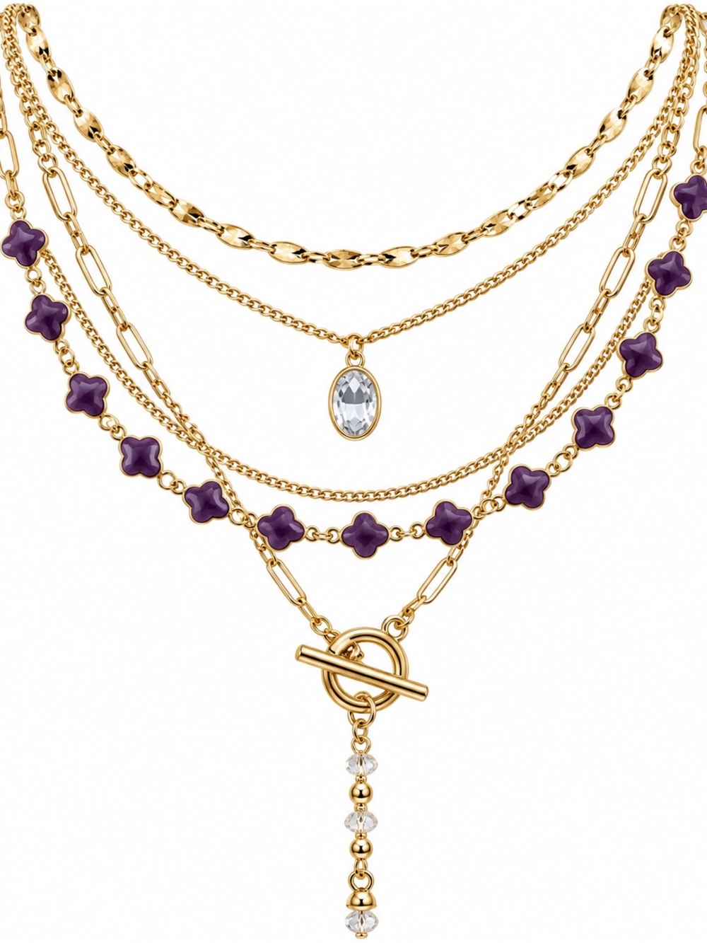 Fashion Jewelry Gold-Tone Layered Necklace with Purple Clover Accents